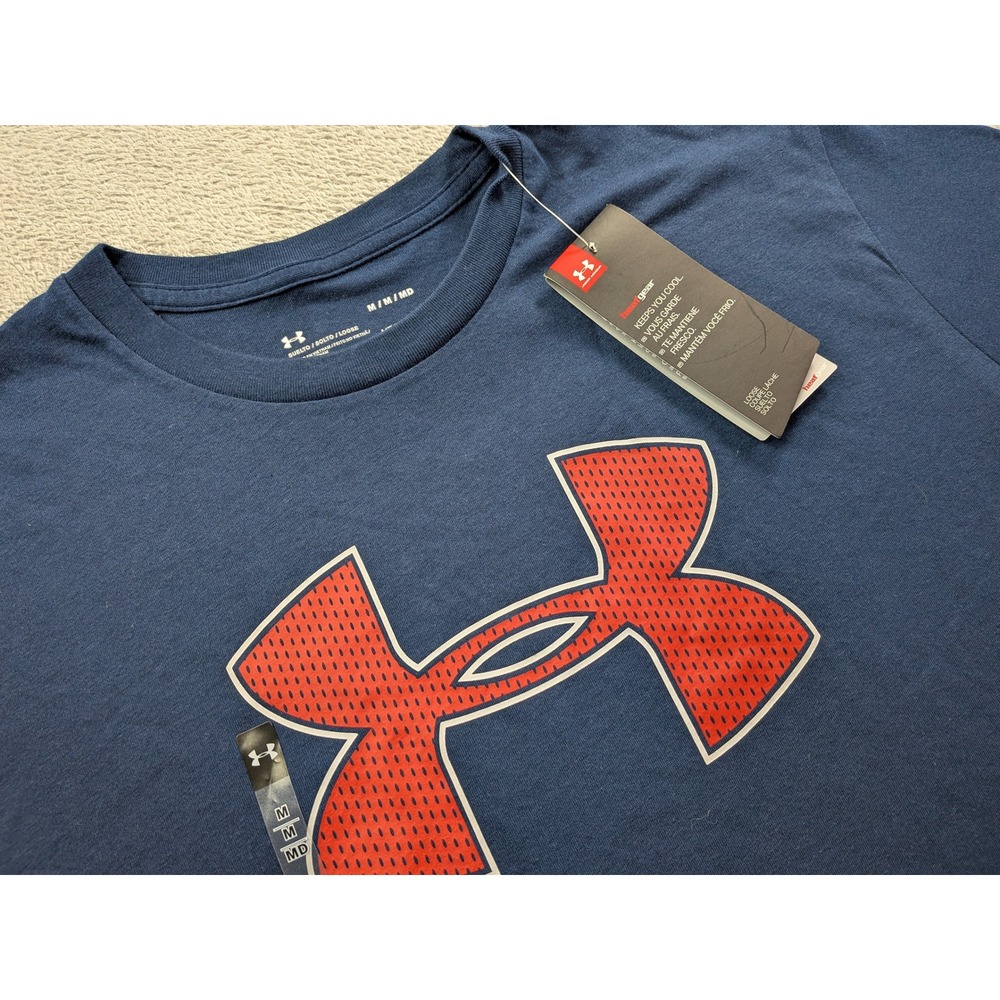 Under Armour Mens HeatGear Big Logo Graphic T-Shirt Navy Blue Red 1329583 Medium